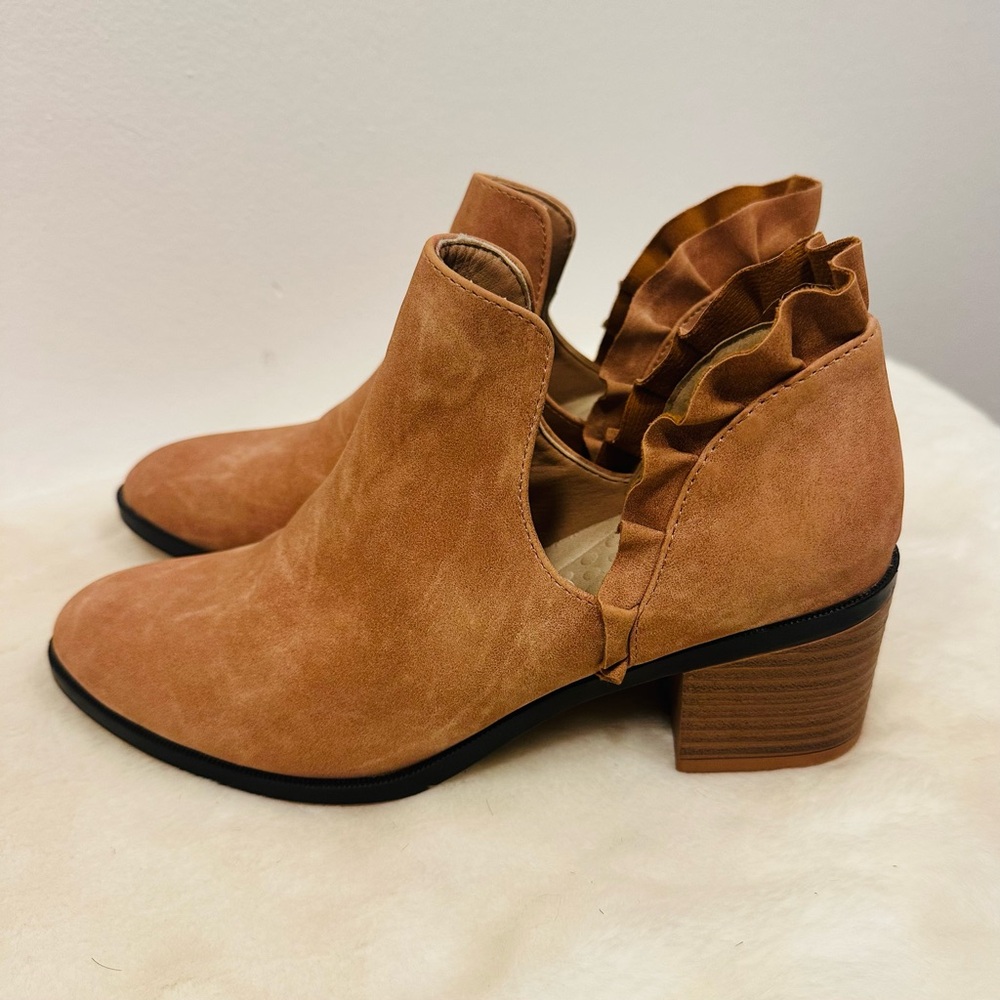 Charming Charlie Suede Ruffle Back Ankle Boots - Tan Size 7